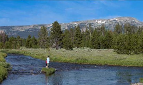 person fishing on a river with mountains in background
